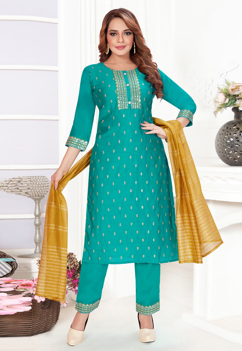 Turquoise Silk Readymade Pant Style Suit 305053