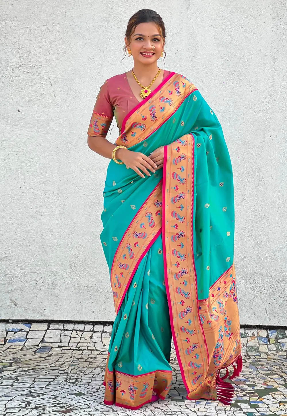 Turquoise Silk Saree With Blouse 300082