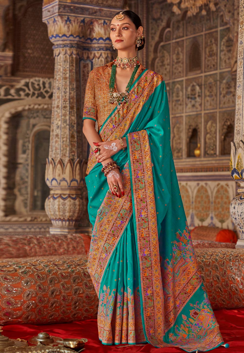 Turquoise Silk Saree With Blouse 309349