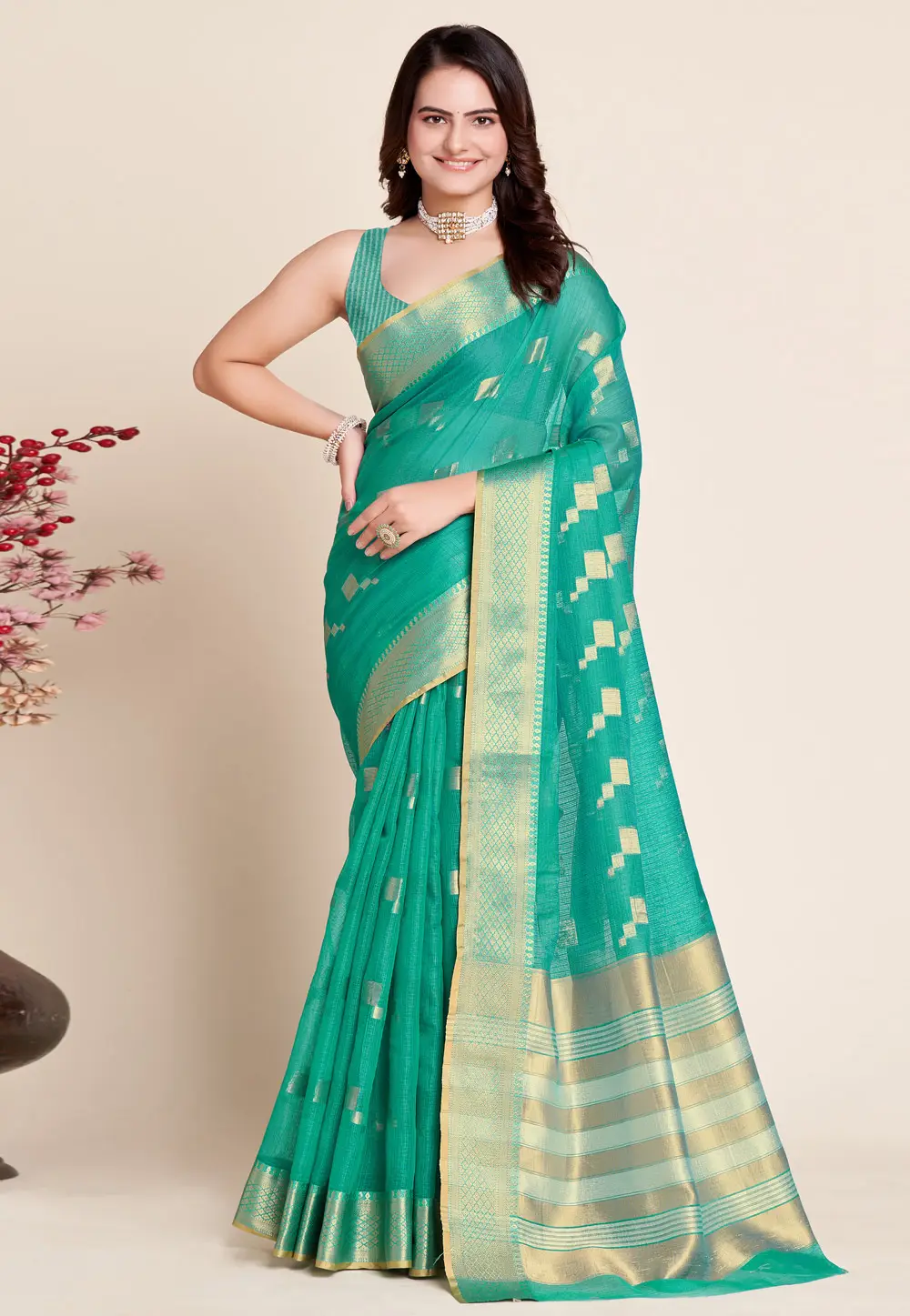 Turquoise Silk Saree With Blouse 297110