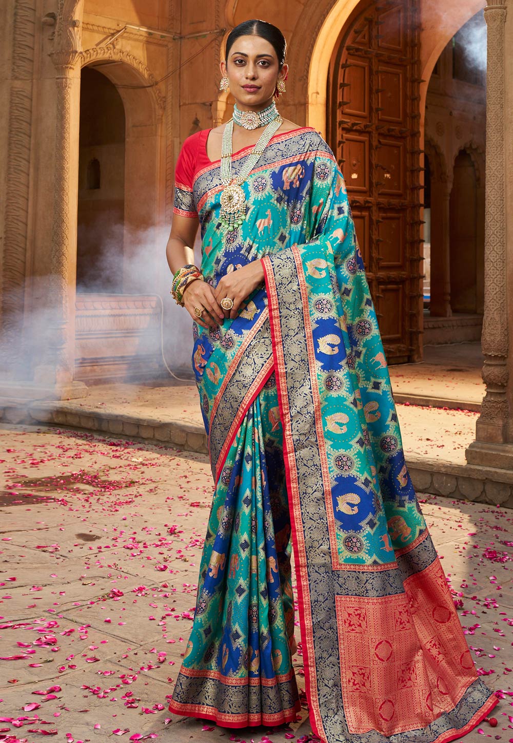 Turquoise Tussar Silk Saree With Blouse 287190