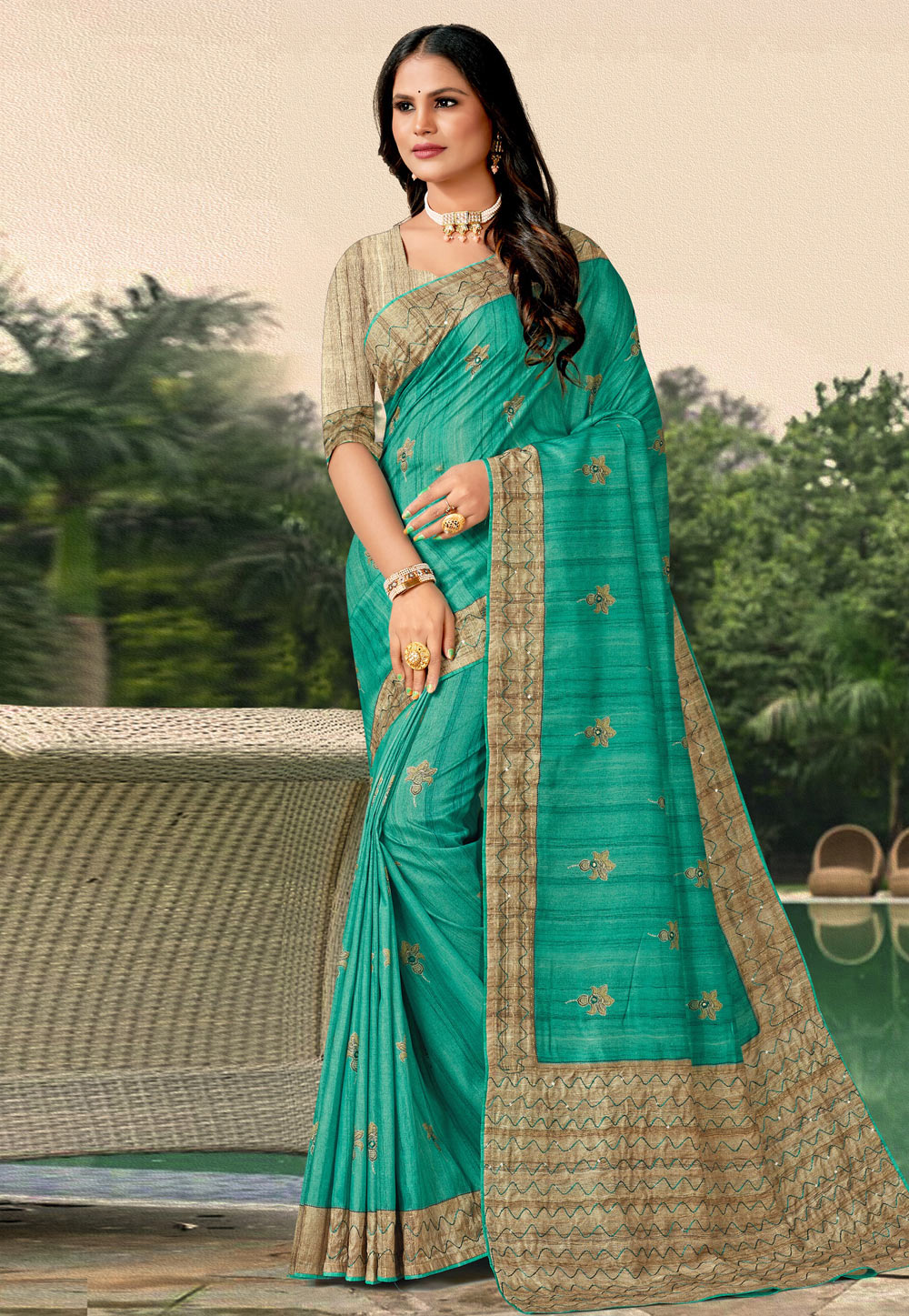 Turquoise Tussar Silk Saree With Blouse 278996