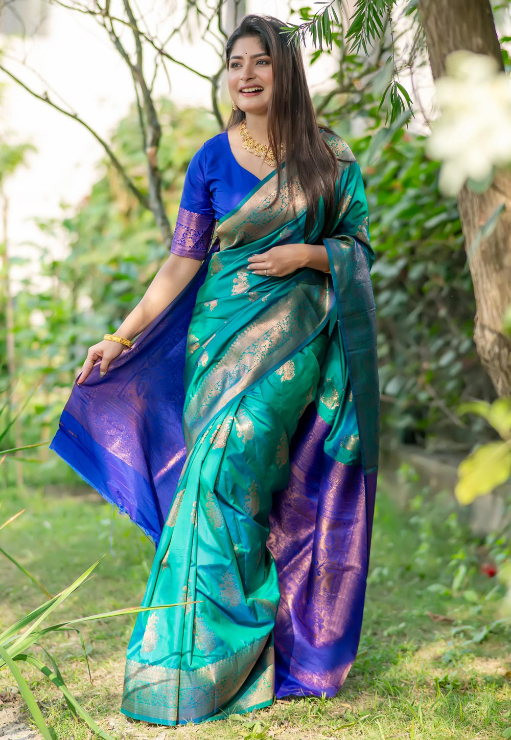 Turquoise Tussar Silk Saree With Blouse 285390