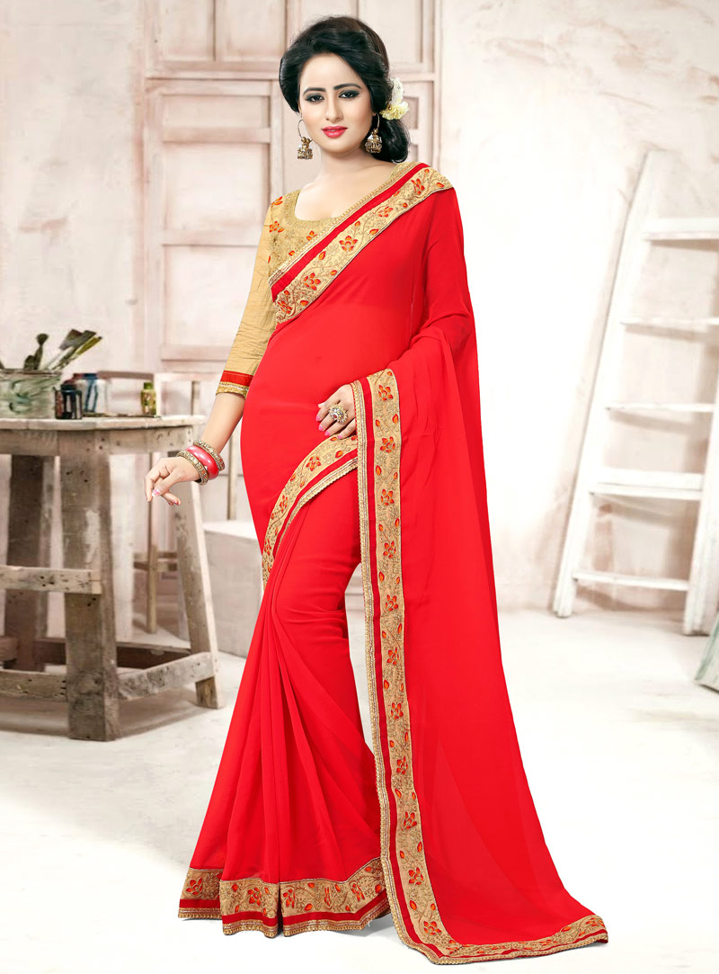 Red Chiffon Saree With Embroidered Blouse 91956