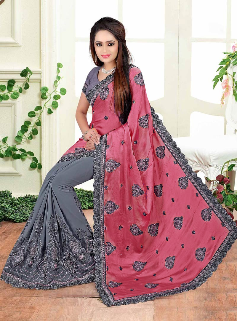 Pink Faux Chiffon Half and Half Saree With Blouse 73756