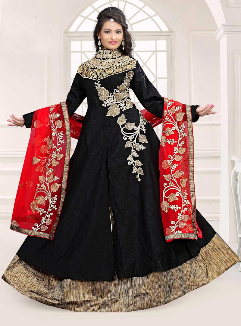 Black Bhagalpuri Silk Lehenga With Long Jacket Style Choli 84821