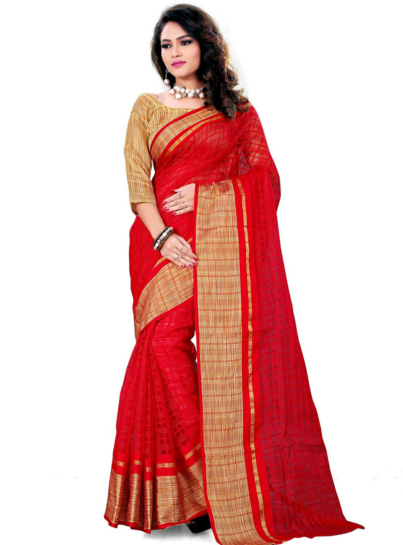 Red Cotton Saree With Blouse 85558