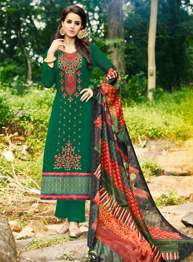 Green Georgette Pant Style Suit 105509
