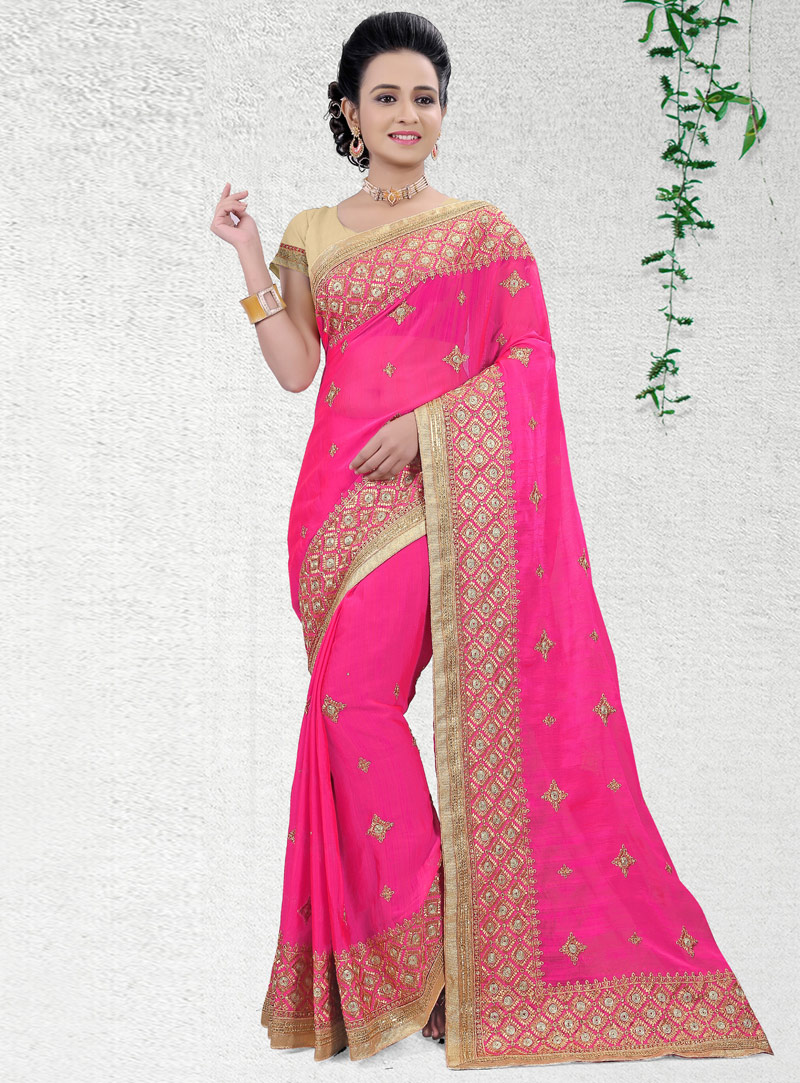 Magenta Faux Georgette Patch Lace Work Saree 108230