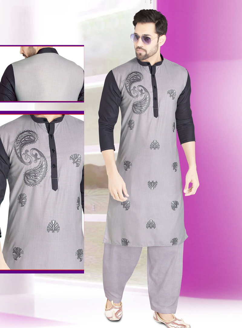 Grey Cotton Readymade Kurta Pajama 136533