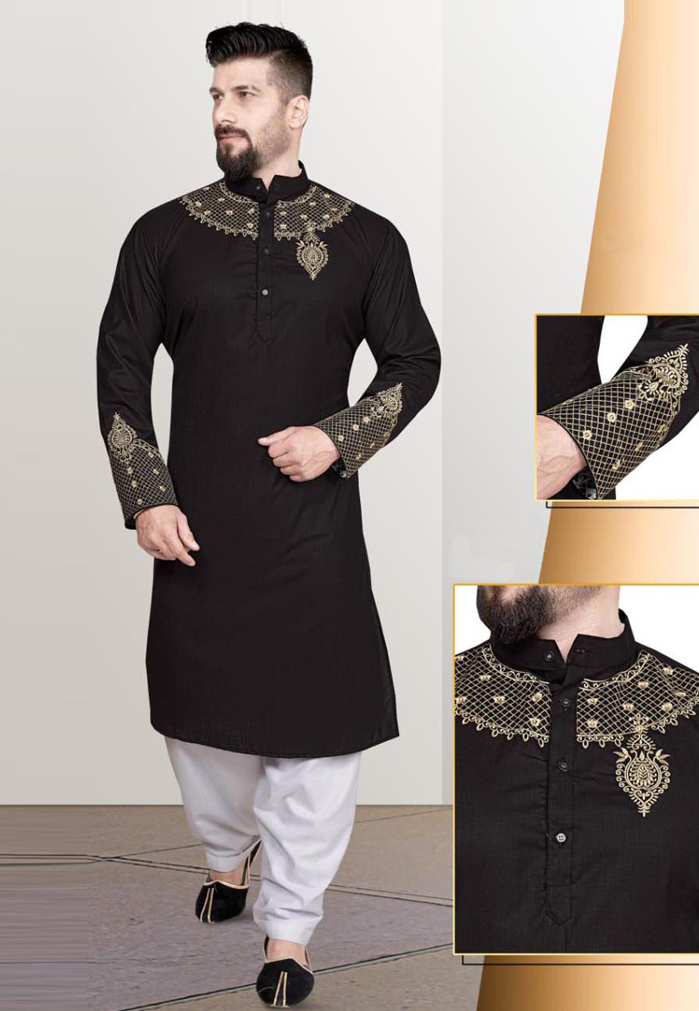 Black Cotton Pathani Suit 220785