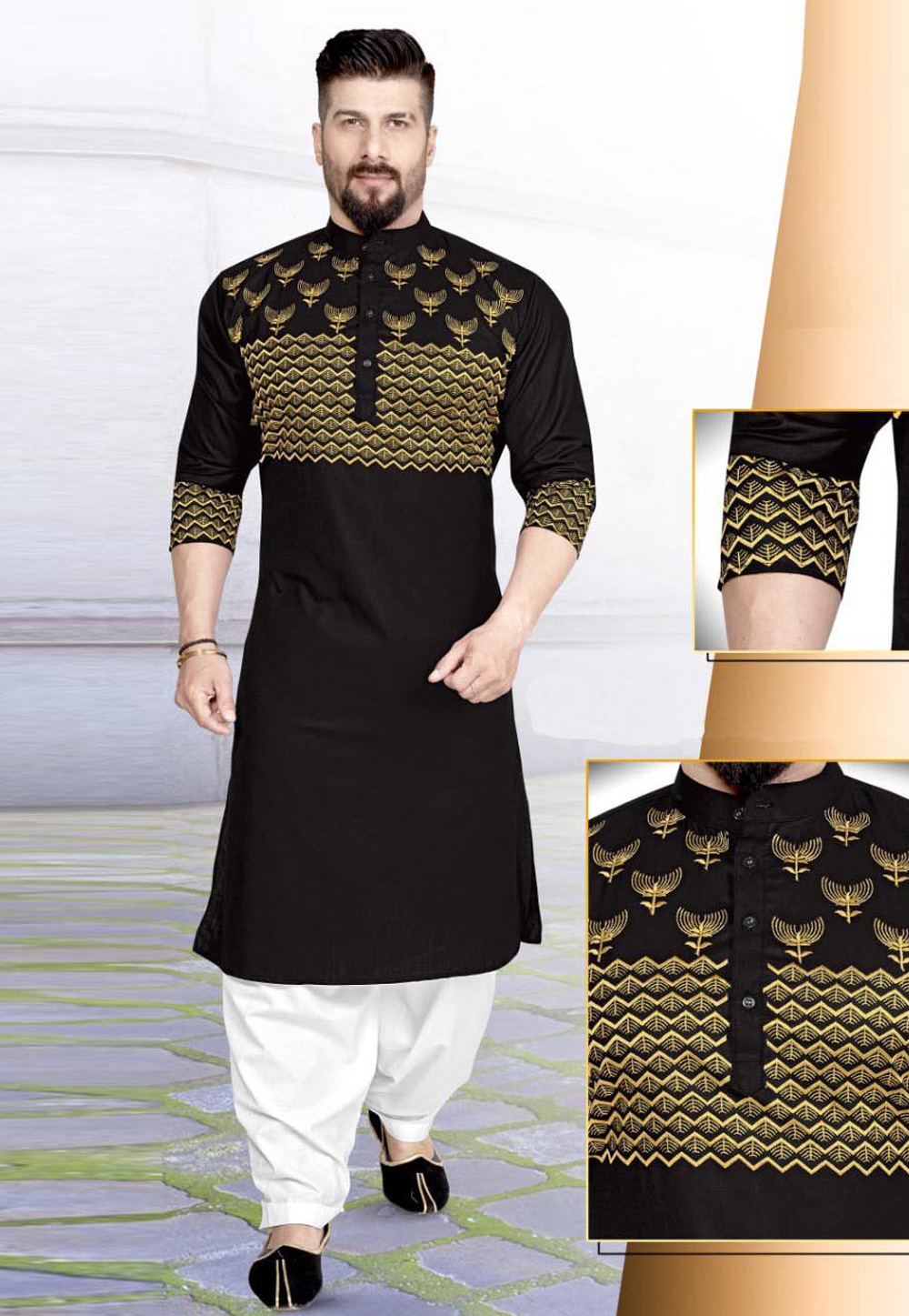 Black Cotton Pathani Suit 220786