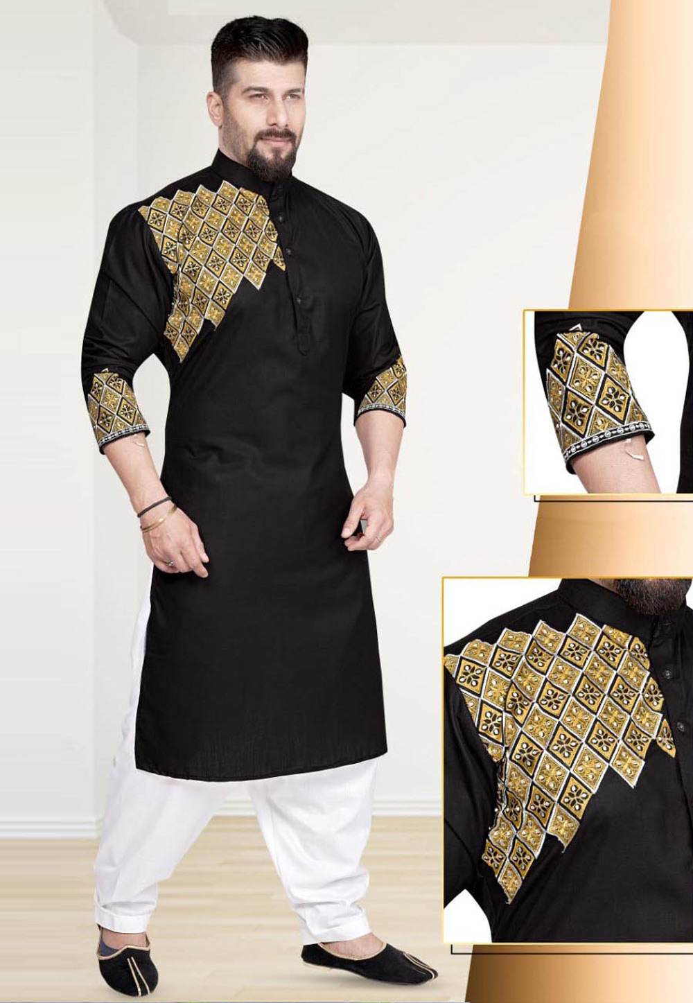 Black Cotton Pathani Suit 220787