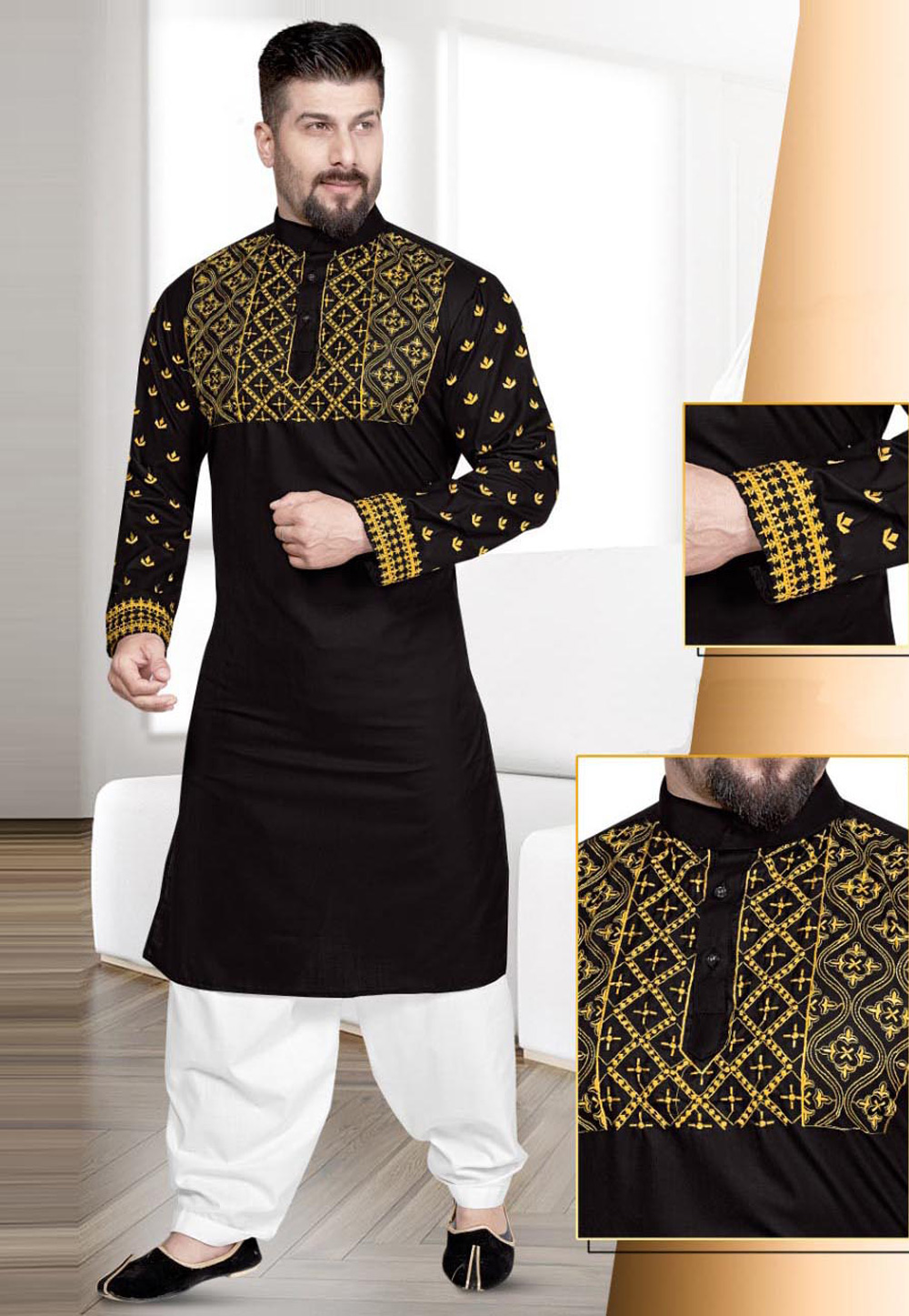 Black Cotton Pathani Suit 220788