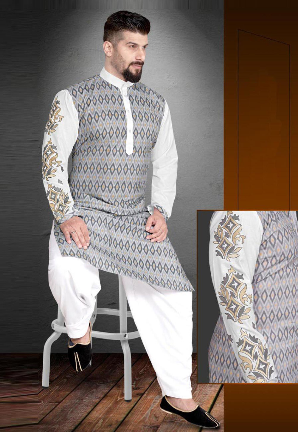 Grey Cotton Pathani Suit 220789