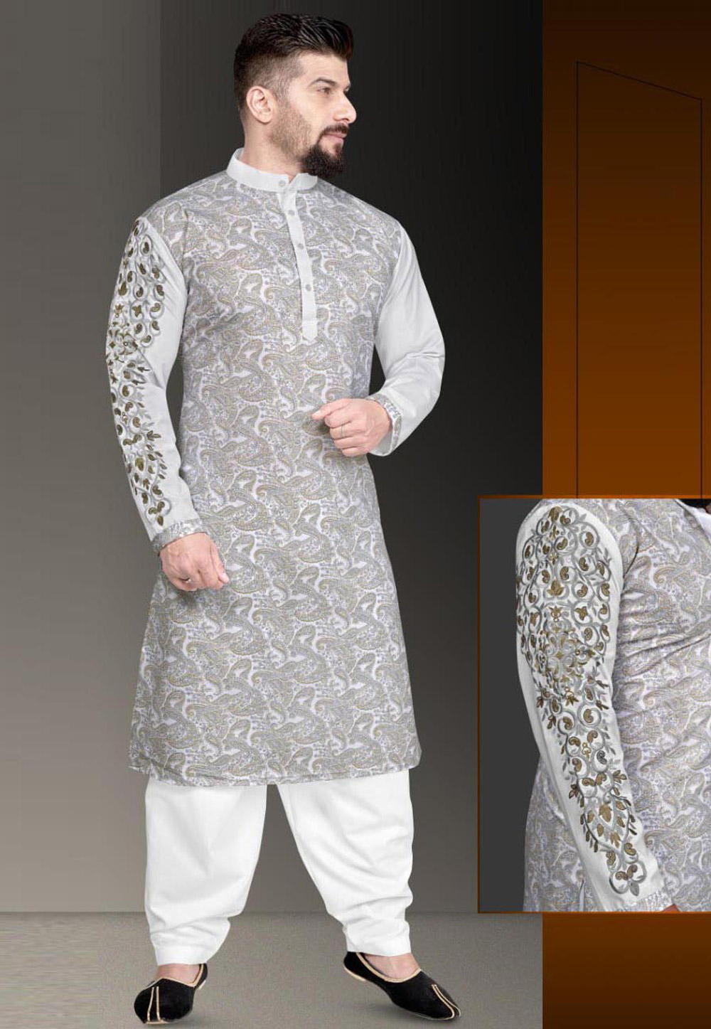 Grey Cotton Pathani Suit 220790