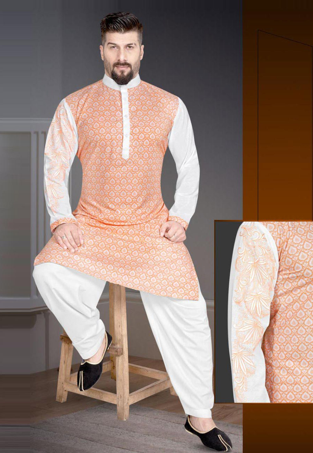 Peach Cotton Pathani Suit 220793