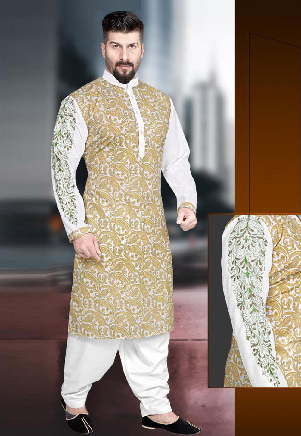 Beige Cotton Pathani Suit 220794