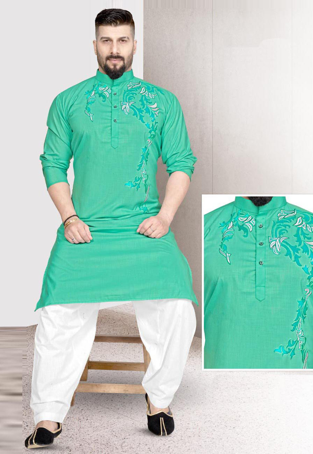 Green Cotton Pathani Suit 220795
