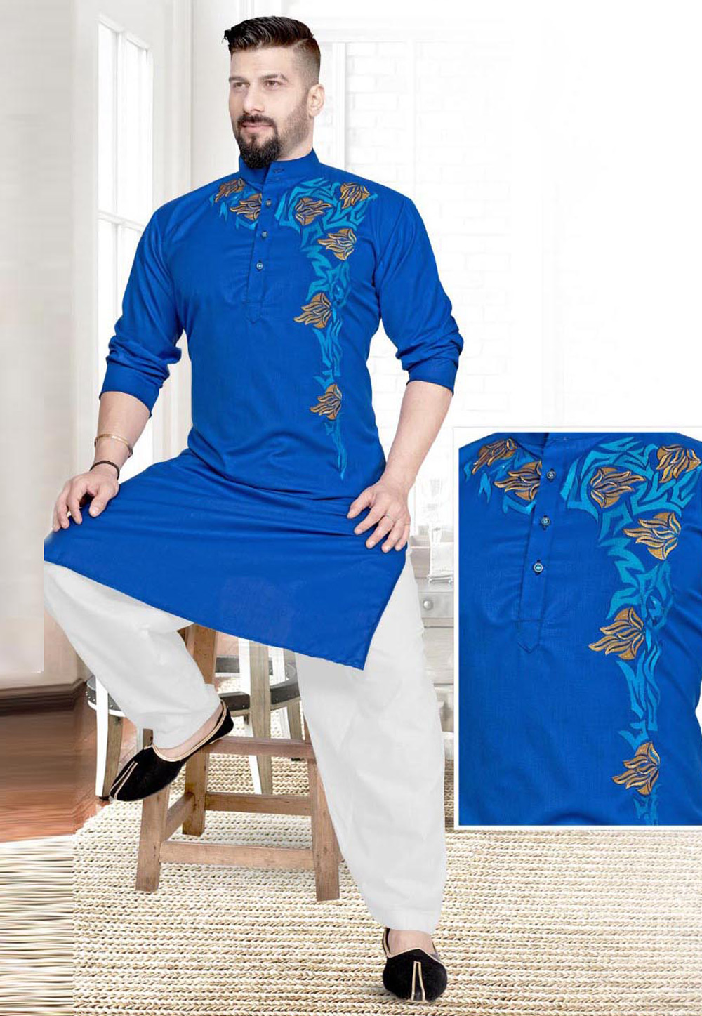 Blue Cotton Pathani Suit 220796