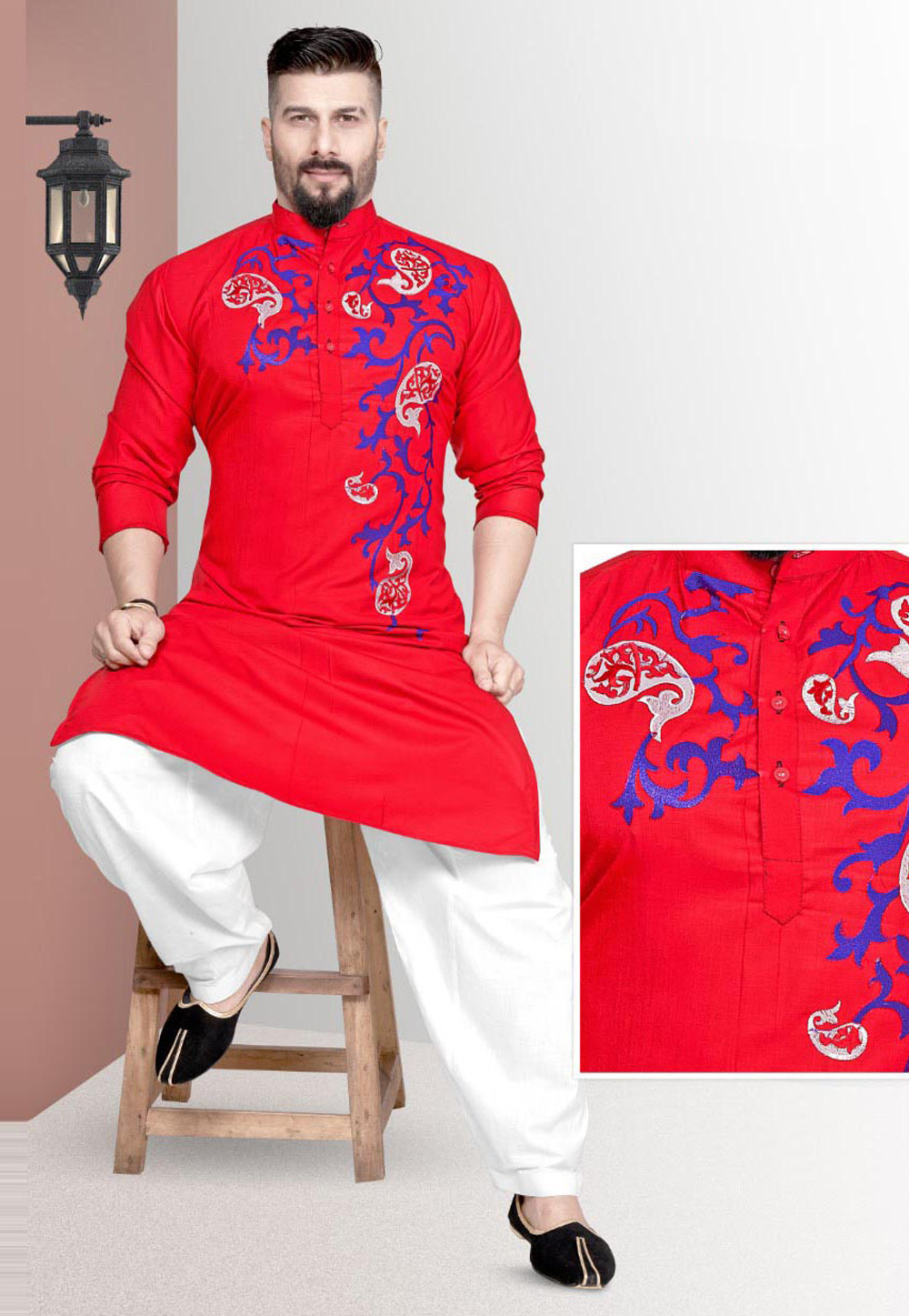 Red Cotton Pathani Suit 220799
