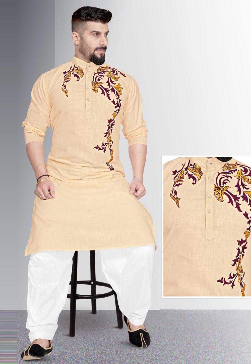 Beige Cotton Pathani Suit 220800