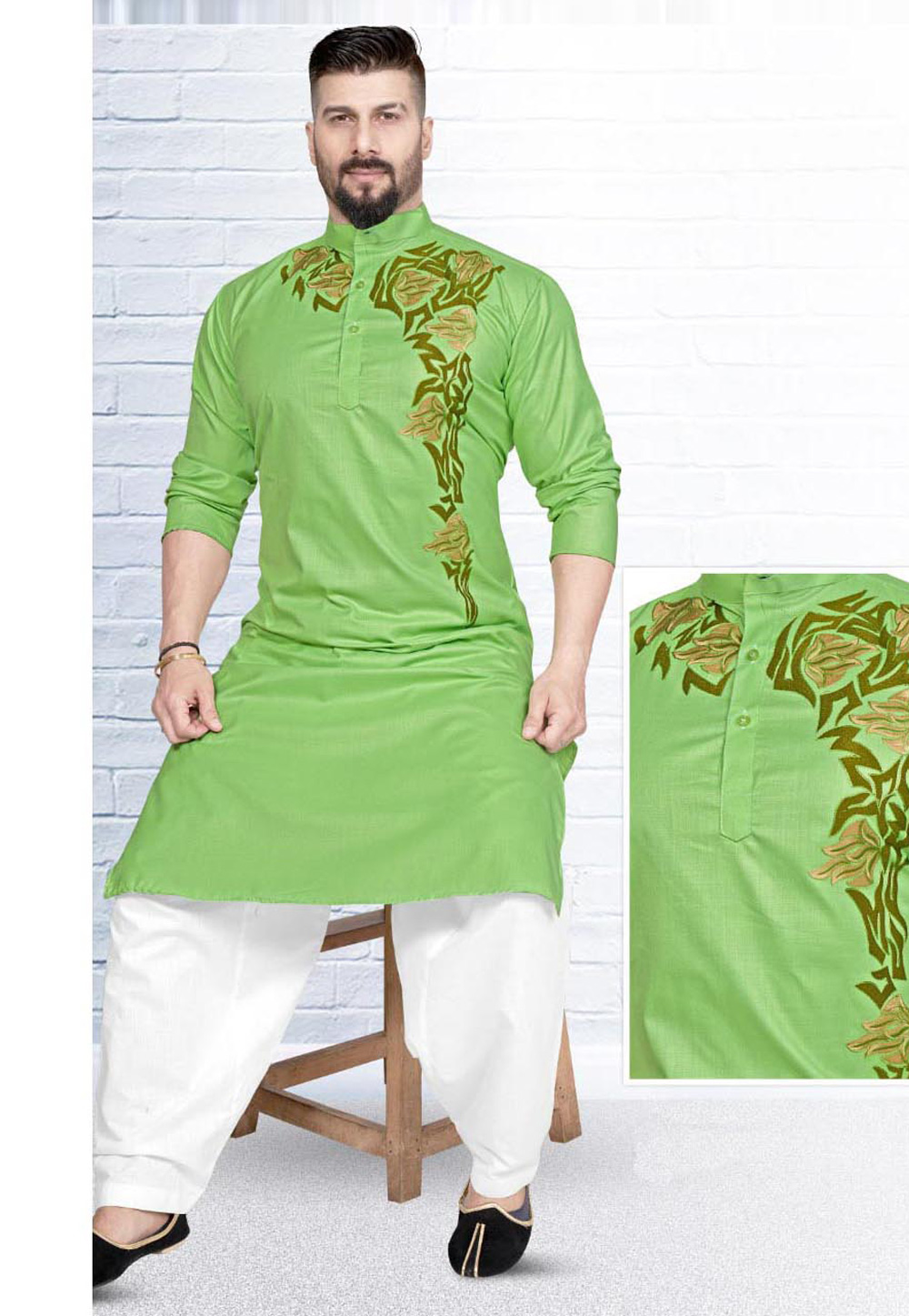 Green Cotton Pathani Suit 220801