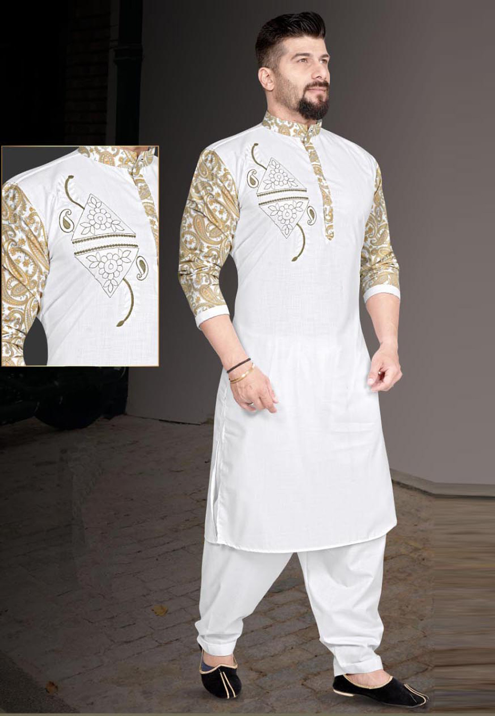 White Cotton Pathani Suit 220804