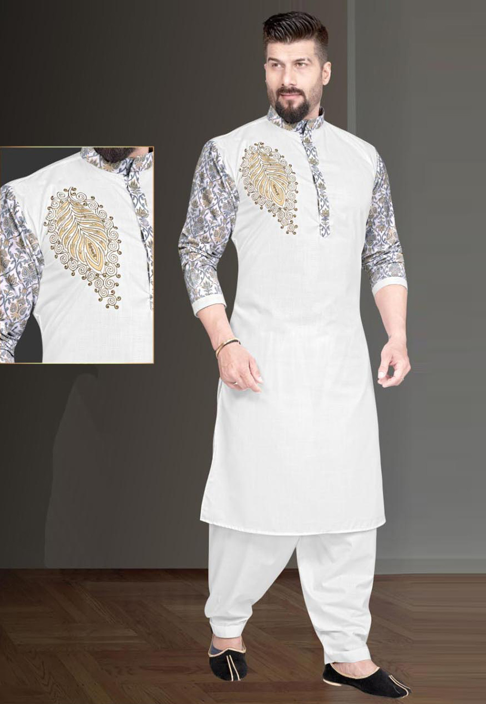 White Cotton Pathani Suit 220805