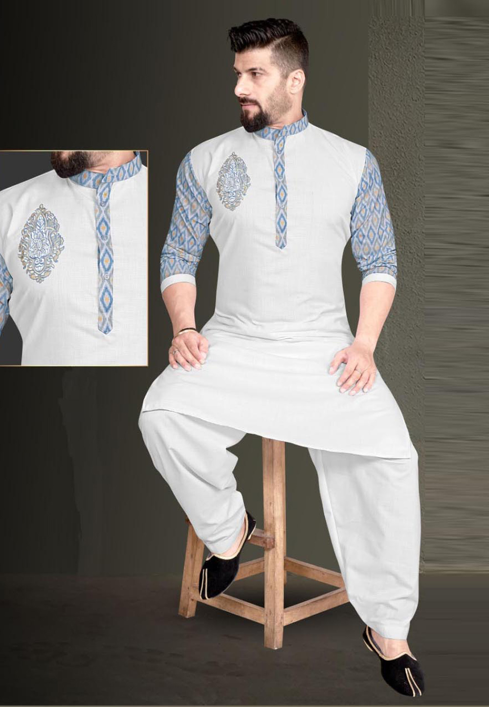 White Cotton Pathani Suit 220807
