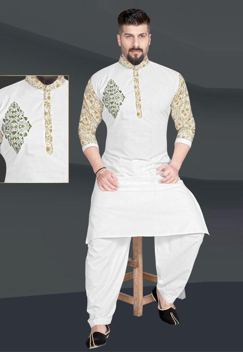 White Cotton Pathani Suit 220808