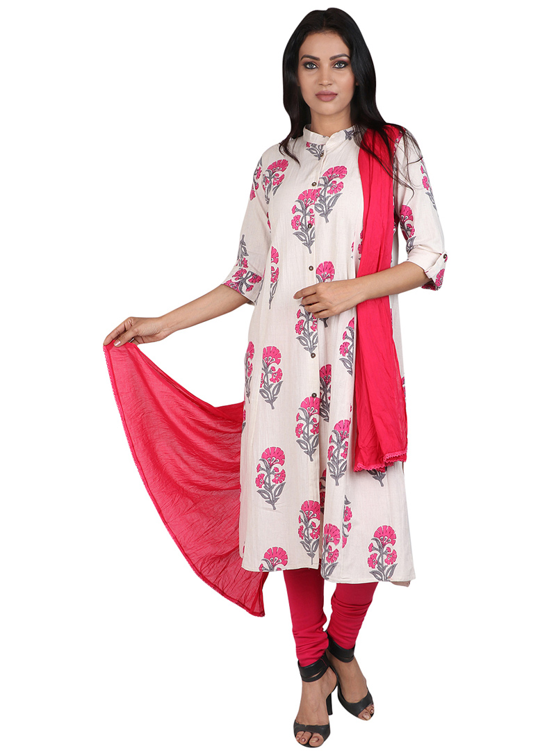 Off White Cotton Readymade Churidar Salwar Suit 106127