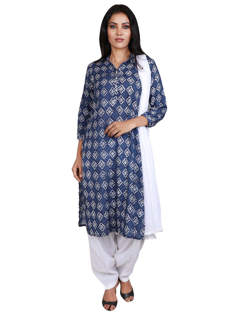 Navy Blue Cotton Readymade Punjabi Suit 106151