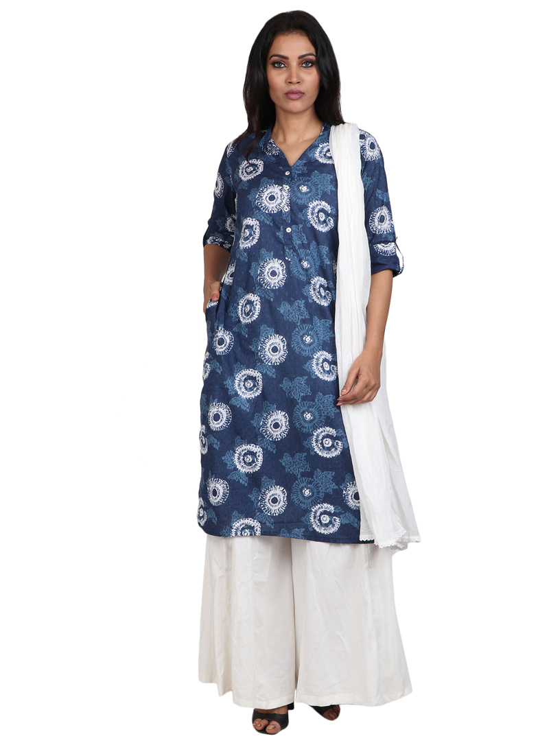 Navy Blue Cotton Readymade Palazzo Style Suit 106157