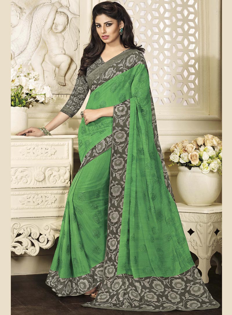 Green Chiffon Printed Saree With Blouse 84700