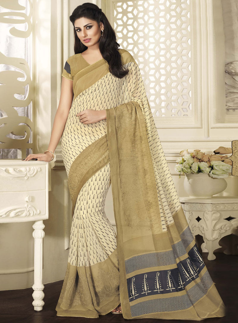 Cream Georgette Saree With Blouse 84709