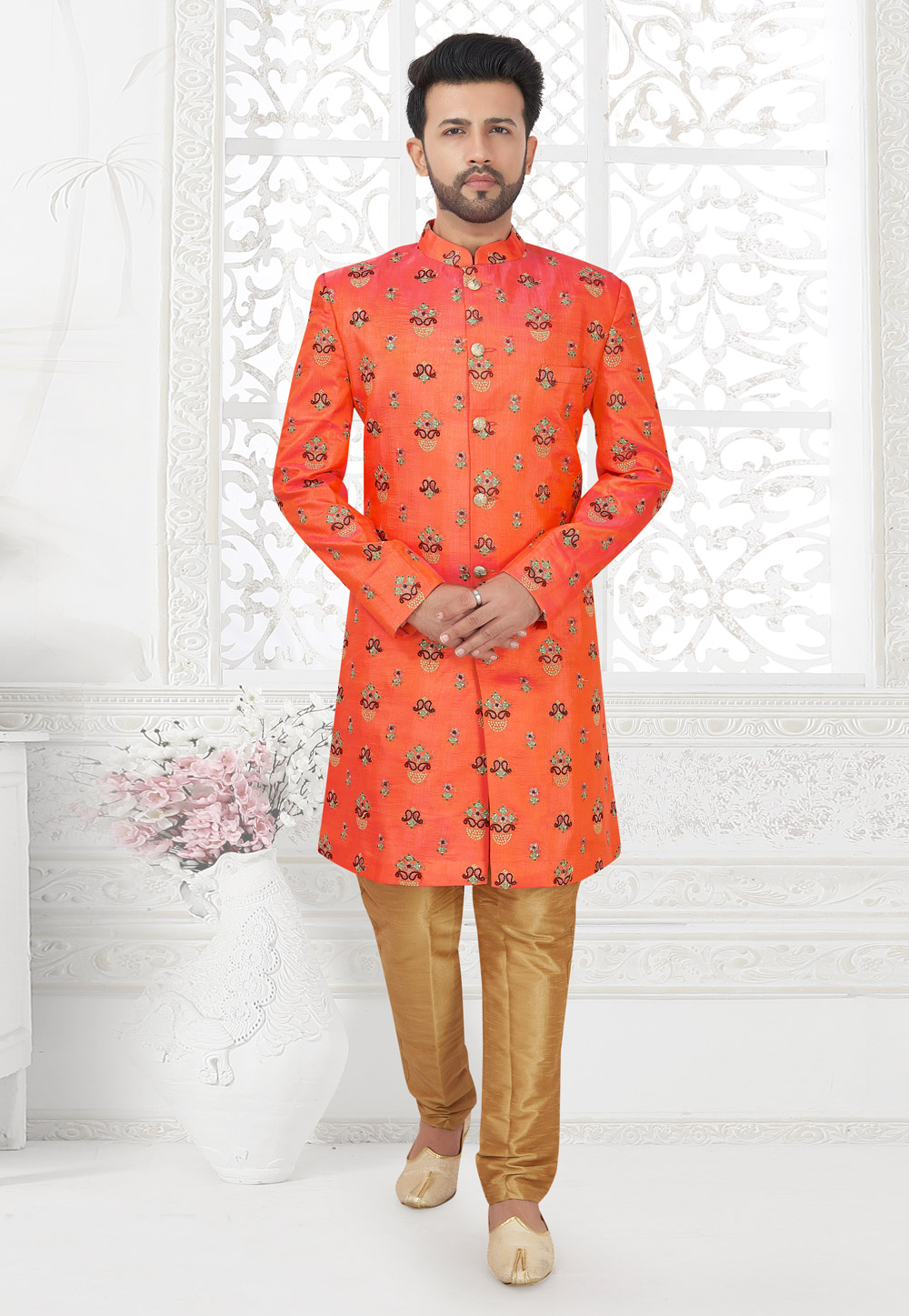 Orange Art Silk Readymade Indo Western Sherwani 191127