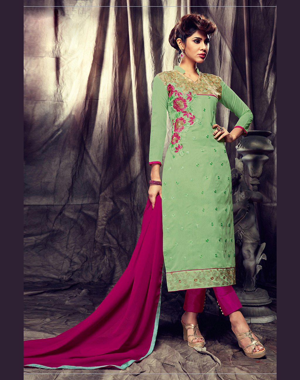 Light Green Chanderi Cotton Pakistani Style Suit 67858