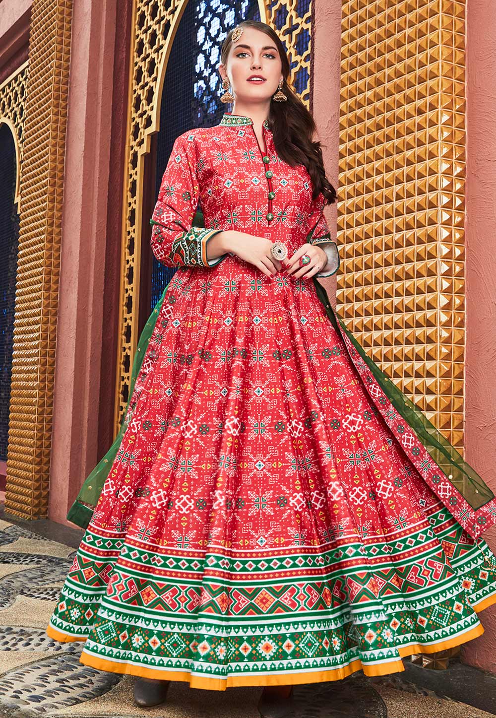 Red Silk Readymade Long Anarkali Suit 195330