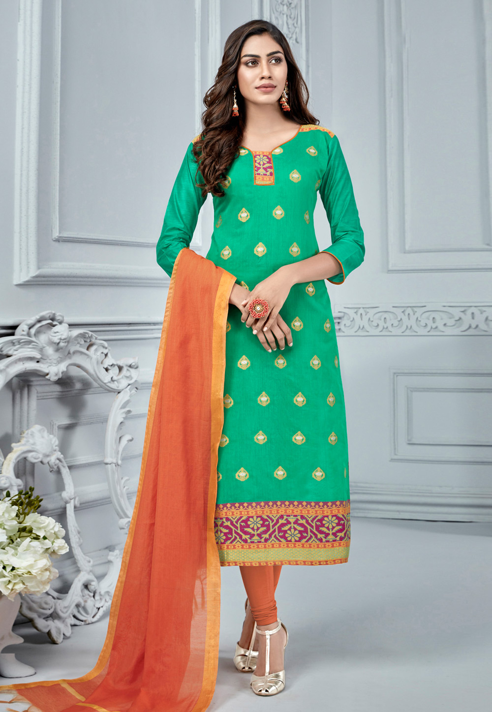 Green Banarasi Silk Churidar Suit 185891