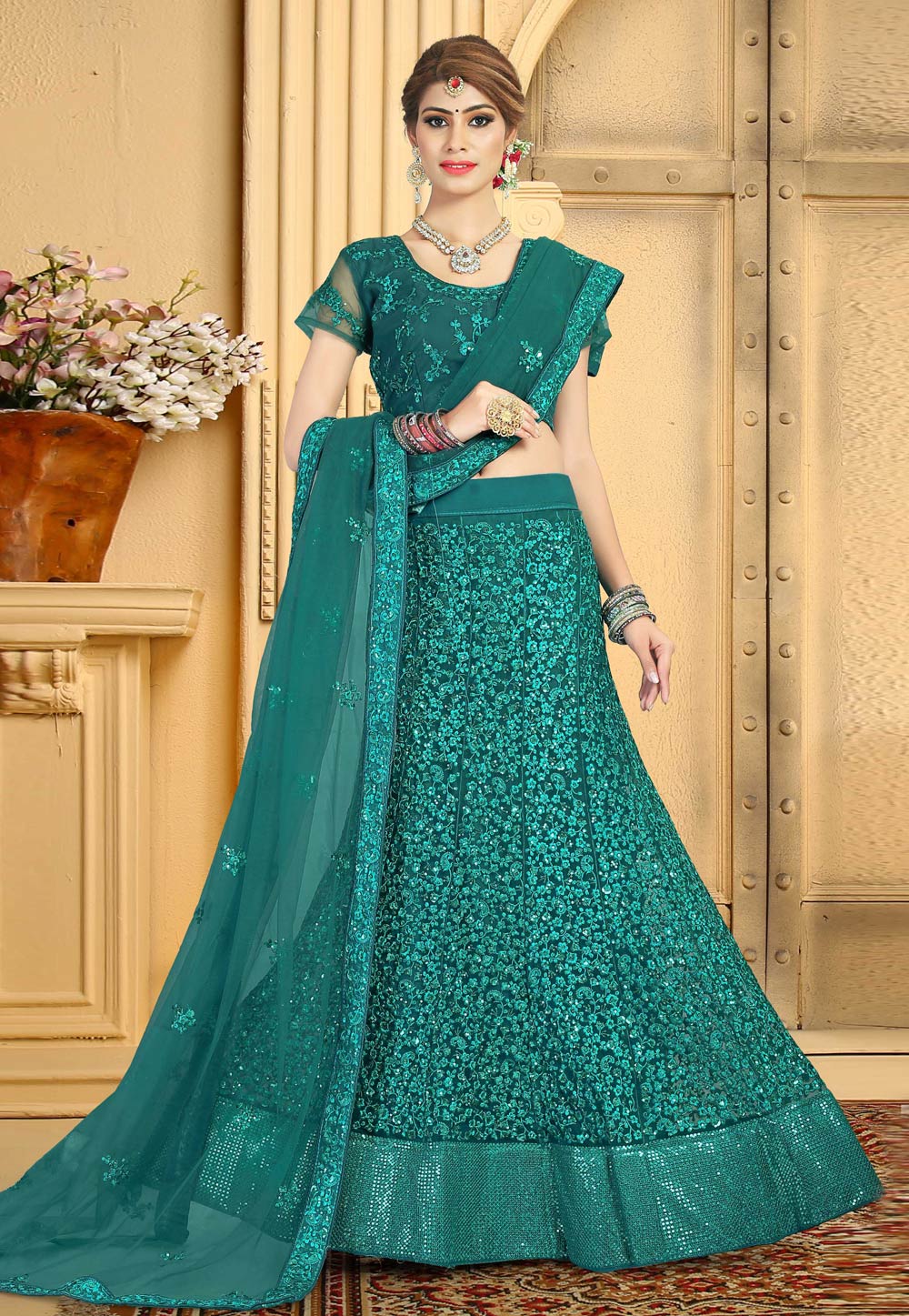 Teal Net Embroidered Lehenga Choli 219909