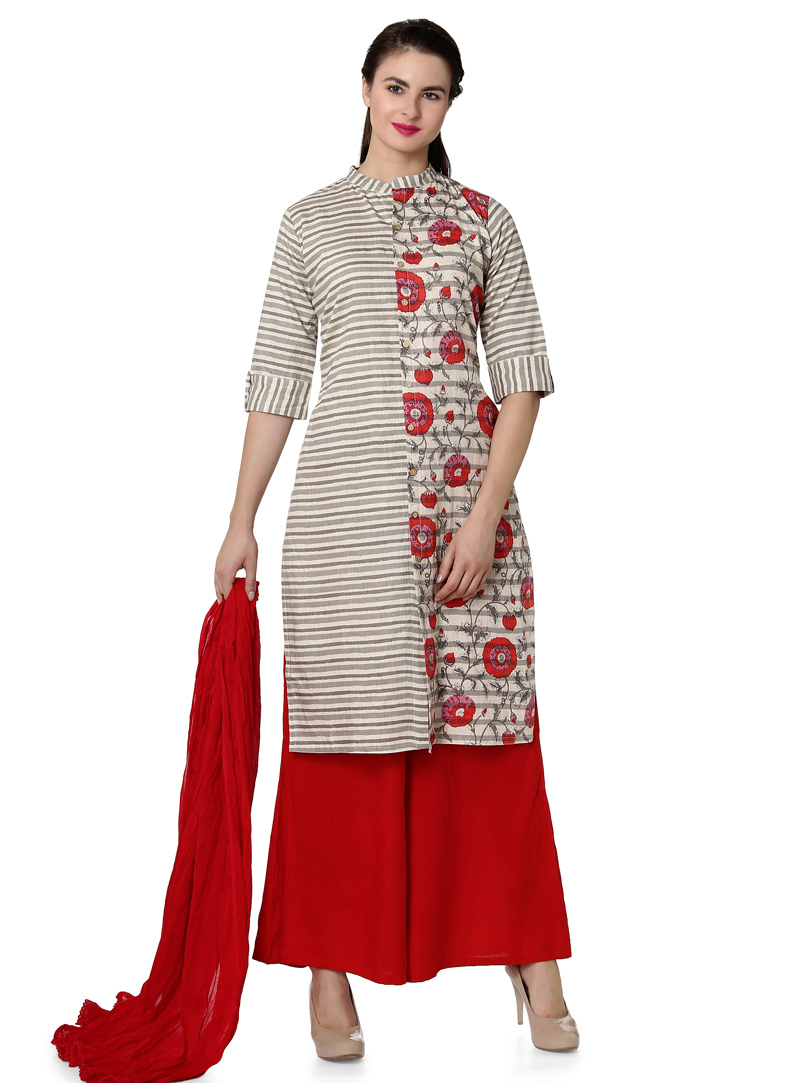Off White Cotton Readymade Pakistani Style Suit 147753