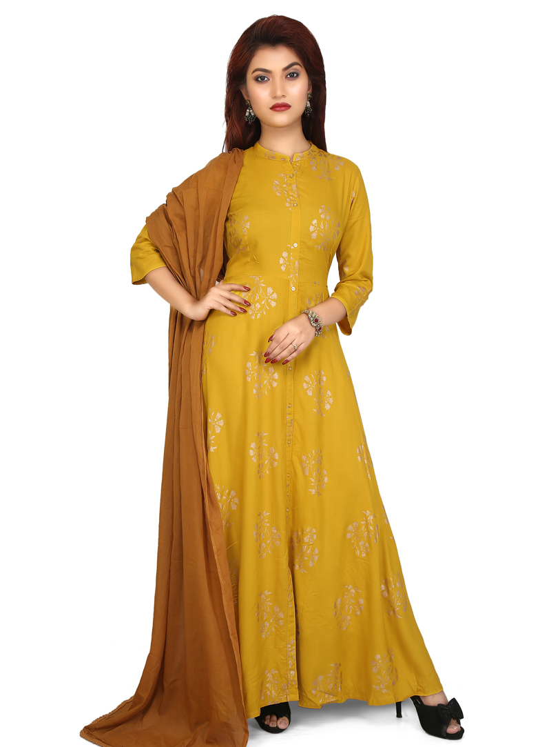 Yellow Rayon Readymade Long Anarkali Suit 147763