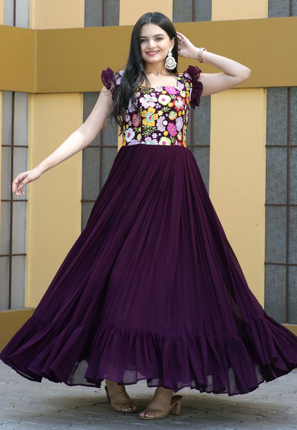 Buy Deep Wine Latest Designer Party Wear Real Georgette Gown Suit