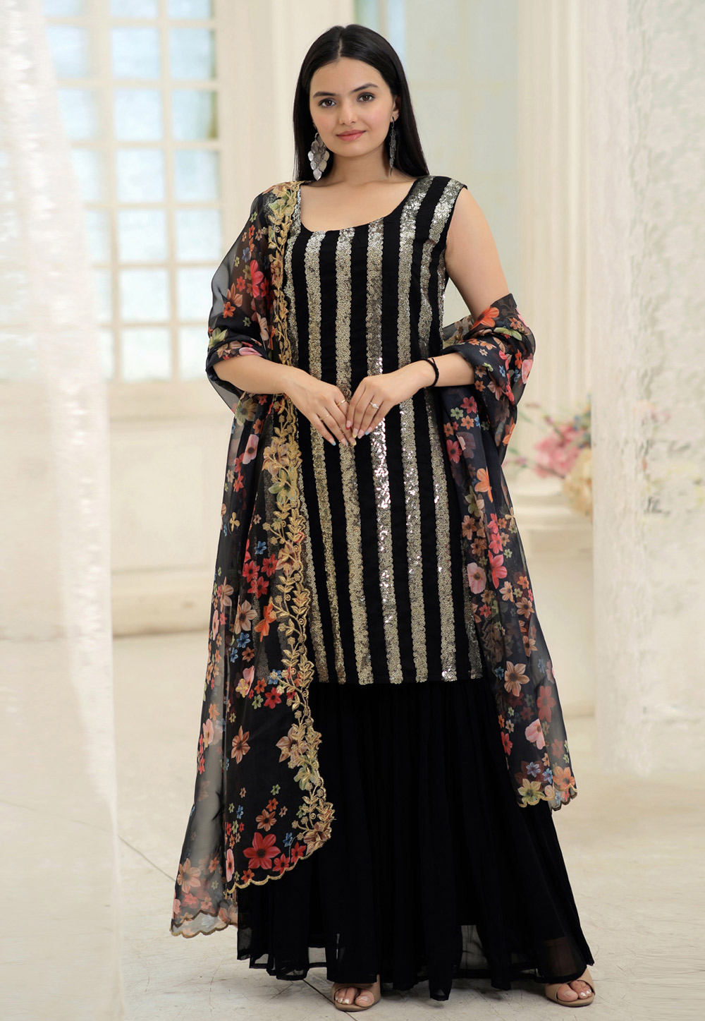Black Faux Georgette Readymade Sharara Suit 266414