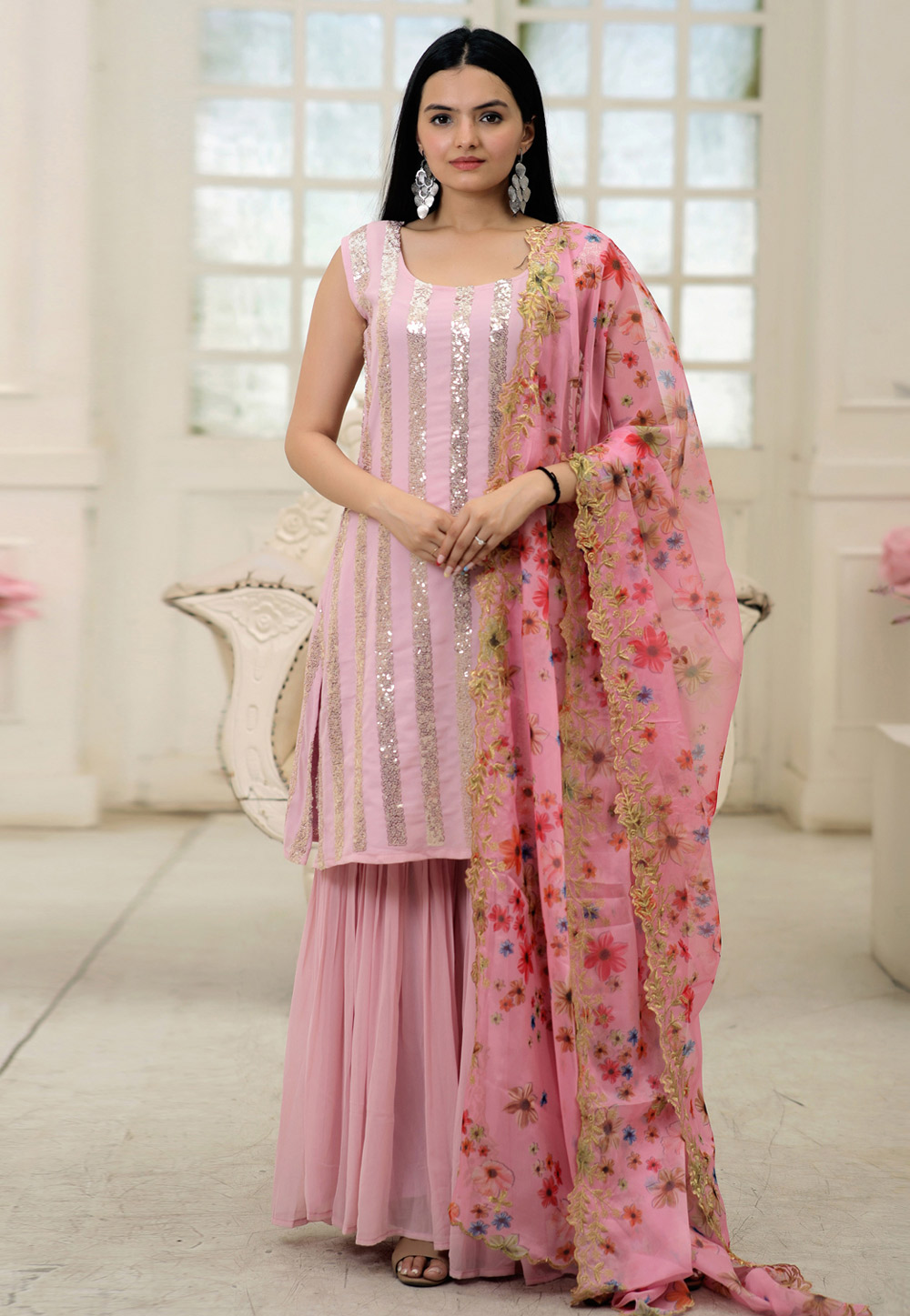 Pink Faux Georgette Readymade Sharara Suit 266415