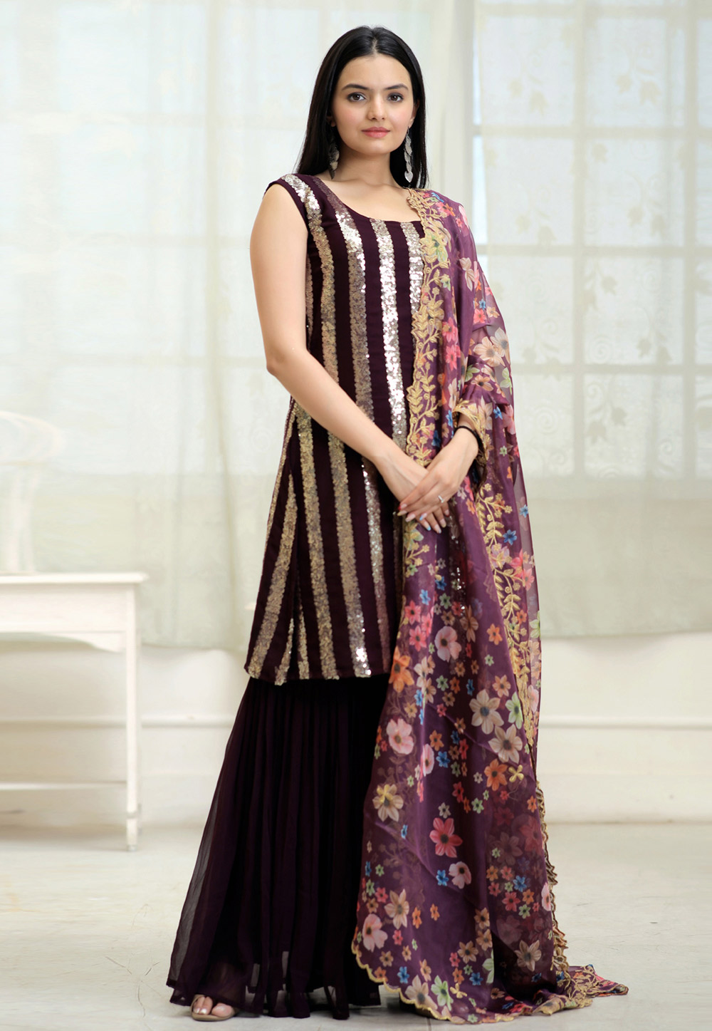 Purple Faux Georgette Readymade Sharara Suit 266416