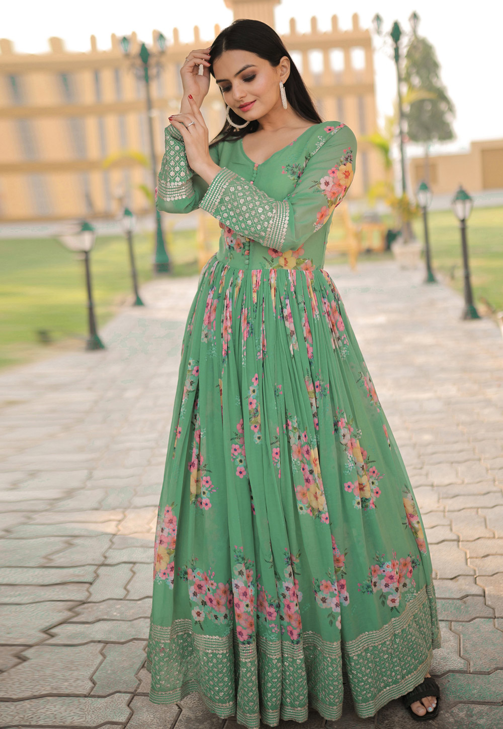 Latest Gorgeous Light Green Thread Embroidered Ready-Made Pleated Gown -  Best Seller For Women Clothes