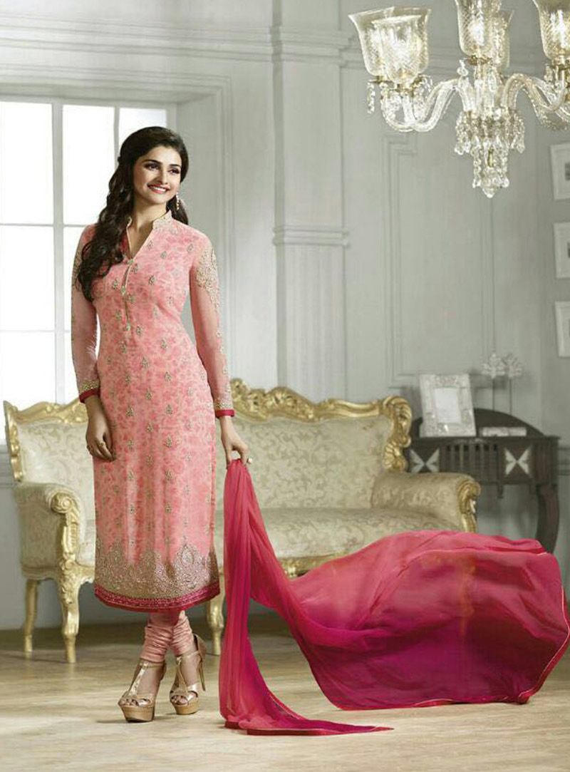 Prachi Desai Pink Georgette Churidar Suit 79262