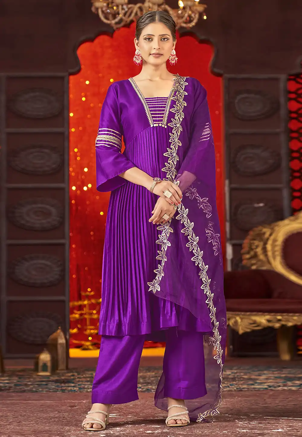 Violet Art Silk Readymade Pakistani Suit 294183